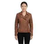 Short Style Zipper Women Brown Leather Jacket