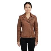 Short Style Zipper Women Brown Leather Jacket
