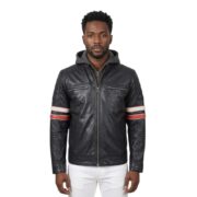 Real Black Leather Jacket With Puffed Shoulder For Men