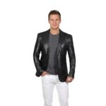 Mens Black Leather Blazer Jacket – Stylish Two Button Notch Lapel Blazer