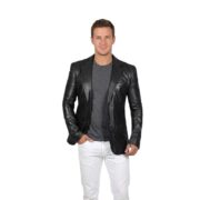 Mens Black Leather Blazer Jacket – Stylish Two Button Notch Lapel Blazer