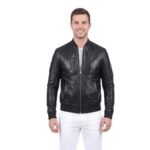 Real Classic Bomber Leather Jacket With Knitted Rib Collar