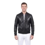 Real Classic Bomber Leather Jacket With Knitted Rib Collar
