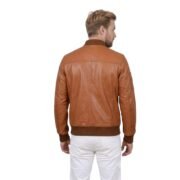Camel Brown Bomber Leather Jacket With Rib Knit For Men - Image 2