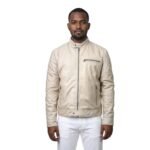 Off White Leather Jacket For Men With Side Zipper Pockets