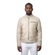 Off White Leather Jacket For Men With Side Zipper Pockets