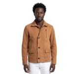 Shirt Style Collar Brown Suede Leather Jacket for Men
