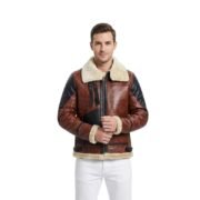 Maroon And Black Distressed Leather Jacket With Shearling For Men