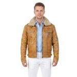 Camel Brown B3 Bomber Shearling Collar Leather Jacket with Viscose Lining