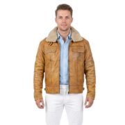 Camel Brown B3 Bomber Shearling Collar Leather Jacket with Viscose Lining