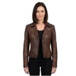 Side Zipper And Zipper Cuffs Brown Leather Jacket For Women