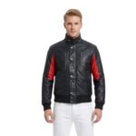 Men`s Black Leather Motorcycle Jacket With Spliced