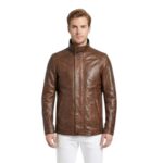 Stand Collar Classic Brown Men Leather Jacket