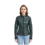 Green Casual Zippers Leather Jacket with Quilted Sleeves For Women