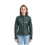 Green Casual Zippers Leather Jacket with Quilted Sleeves For Women