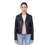 Real Leather Long Sleeves Short Black Jacket For Women
