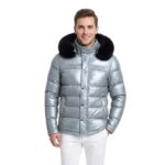 Metallic Gray Puffer Leather Jacket With Real Fox Fur Hood