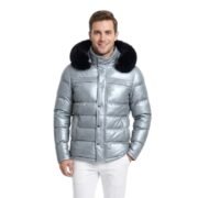 Metallic Gray Puffer Leather Jacket With Real Fox Fur Hood