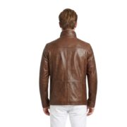 Stand Collar Classic Brown Men Leather Jacket - Image 2