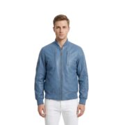 Simple Blue Bomber Leather Jacket With Rib Knit For Men