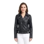 Short Zippers Black Jacket With Belt Closure for Women