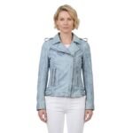 Ice Blue Leather Jacket With Belt For Women