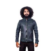 Greenish Blue Wax Leather Jacket With Zipper Pockets For Men