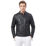 Black Men Solid Leather Jacket