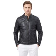 Black Men Solid Leather Jacket