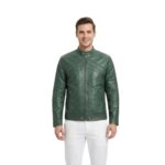 Men’s Green Leather Jacket With Round Neck Collar