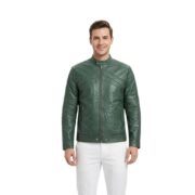 Men’s Green Leather Jacket With Round Neck Collar