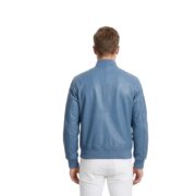 Simple Blue Bomber Leather Jacket With Rib Knit For Men - Image 2