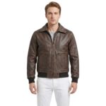 Dark Brown Vintage Bomber Leather Jacket With Rib Knit For Men
