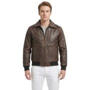 Dark Brown Vintage Bomber Leather Jacket With Rib Knit For Men