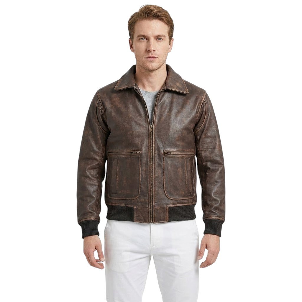 transparent-Photoroom (8) Dark Brown Vintage Bomber Leather Jacket With Rib Knit For Men - Image 1