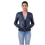 Women Biker Leather Jacket Dark Blue Stylish Zippers