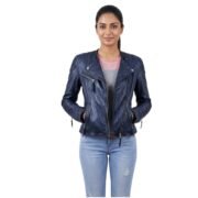 Women Biker Leather Jacket Dark Blue Stylish Zippers