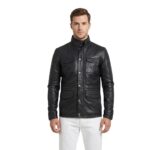Simple Pockets Real Black Wax Leather Jacket For Men with Buttoned Closure