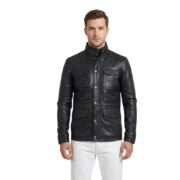 Simple Pockets Real Black Wax Leather Jacket For Men with Buttoned Closure