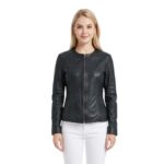 Blackish Blue Round Neck Leather Jacket for Women
