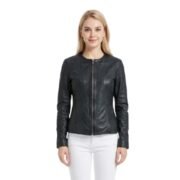 Blackish Blue Round Neck Leather Jacket for Women