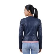 Women Biker Leather Jacket Dark Blue Stylish Zippers - Image 2