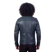 Greenish Blue Wax Leather Jacket With Zipper Pockets For Men - Image 2